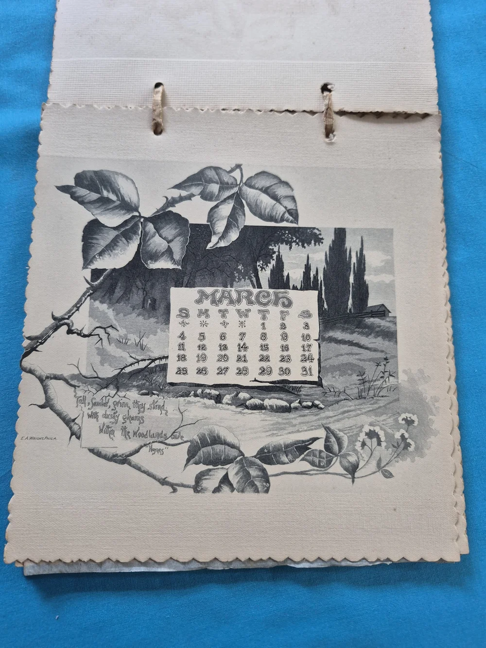 Antique 1888 Calendar 12 Pages Black & White E.A. Wright Philadelphia Engraver